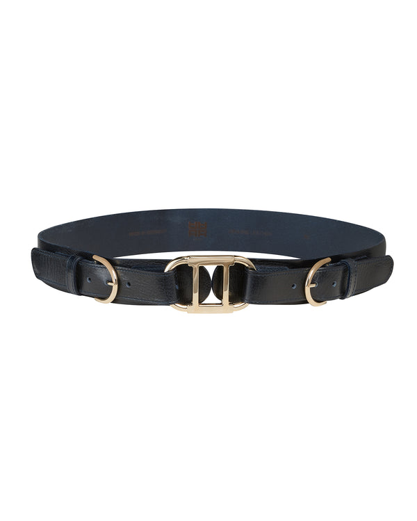 Leather Belt With Gold Buckles in Navy & Dark Grey