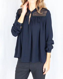 LAST ONE Navy Blouse With Lace Yoke