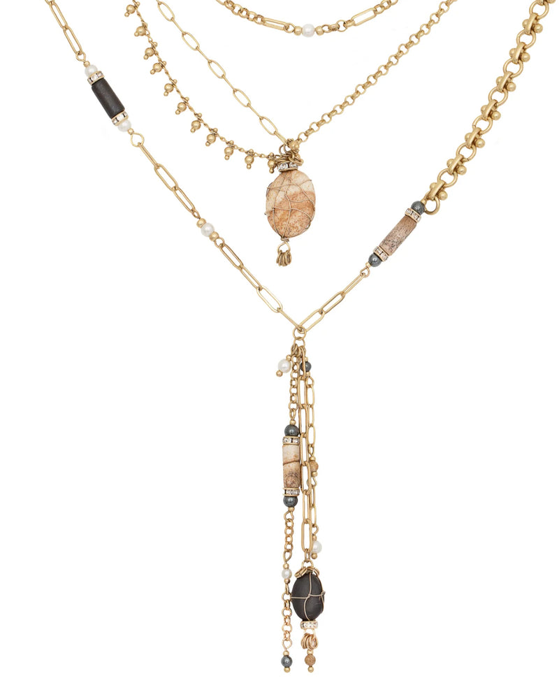 LAST ONE Layered Necklace Gold Wrapped Stones, Beads & Charms